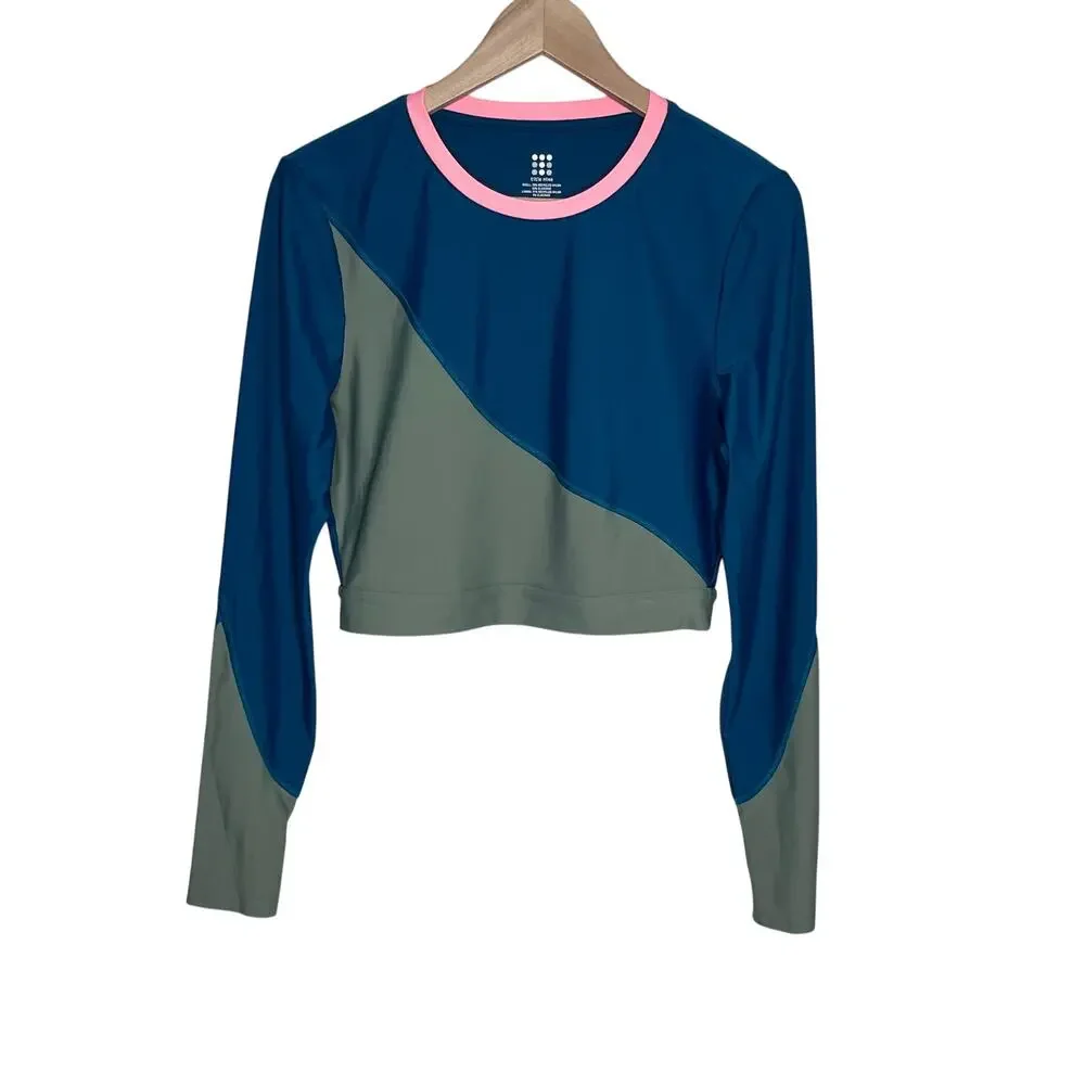 Title Nine Tideturn Cropped Rash Guard Womens M Blue Green Pink Colorblock